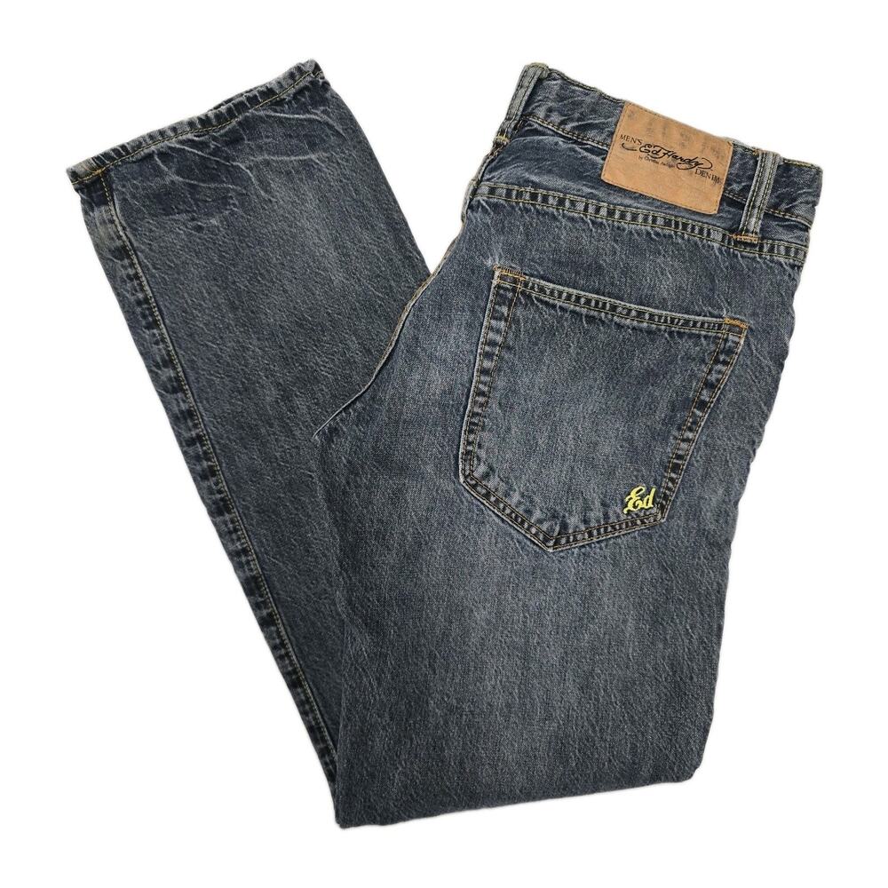 Vtg 00s Ed Hardy Faded Straight Leg Jeans Cyber Grunge Y2K 30x32 Fits 30x30.5